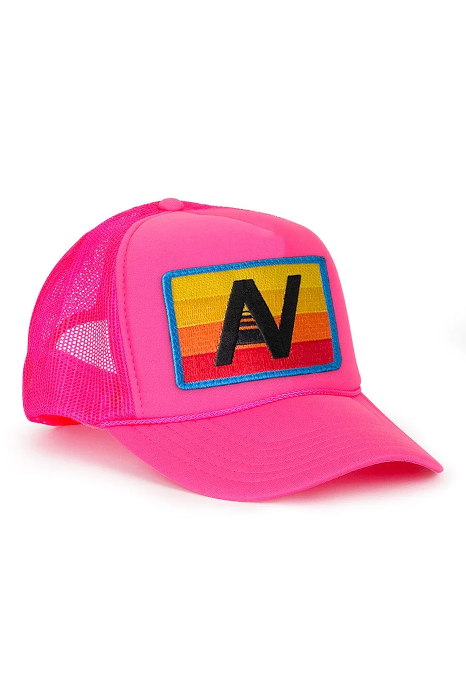 AV LOGO RAINBOW VINTAGE TRUCKER HAT - NEON PINK