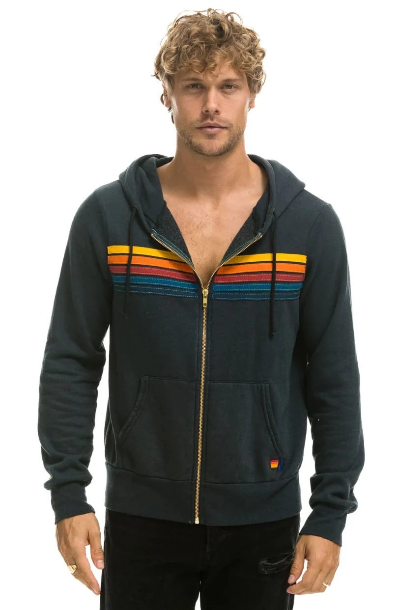 AVIATOR NATION UNISEX 5 STRIPE ZIP HOODIE - CHARCOAL