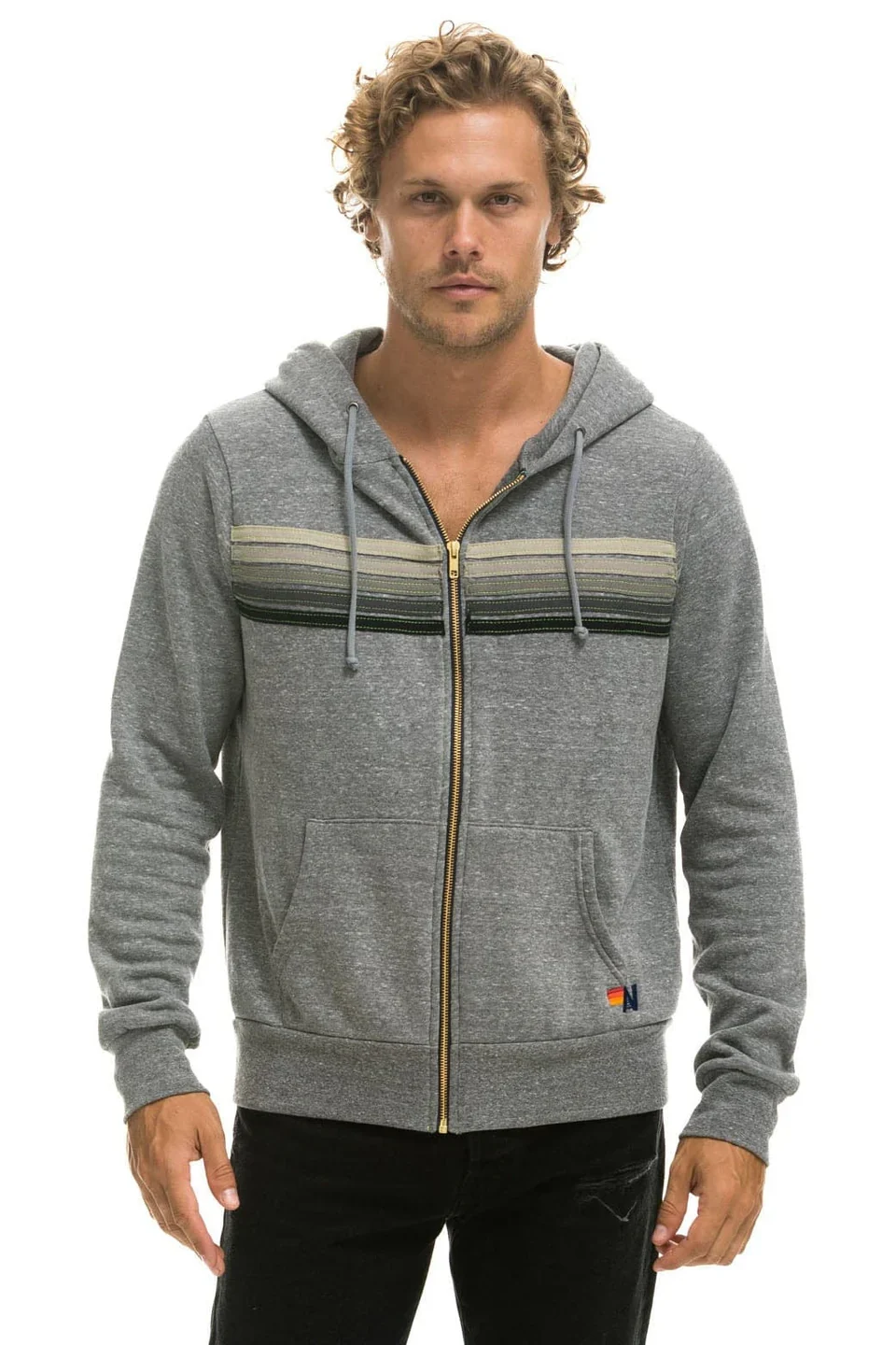 AVIATOR NATION UNISEX 5 STRIPE ZIP HOODIE - HEATHER GREY/GREY - Image 2