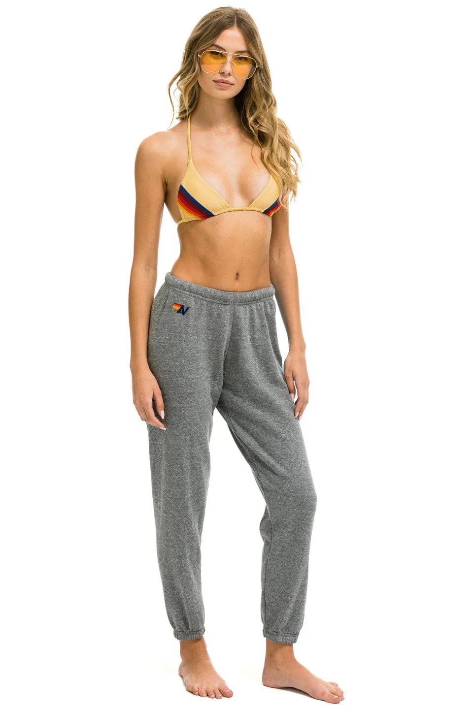 AVIATOR NATION WOMENS 5 STRIPE SWEATPANTS - HEATHER GREY/BLUE - Image 2