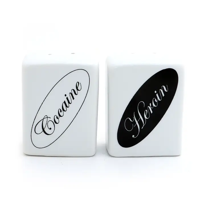 COCAINE AND HEROIN SALT AND PEPPER SHAKER SET