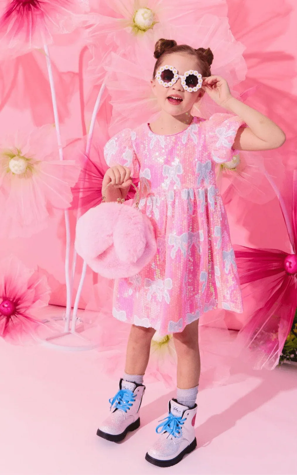 GIRLS BLUE BOW RIBBON SEQUIN DRESS - Image 2