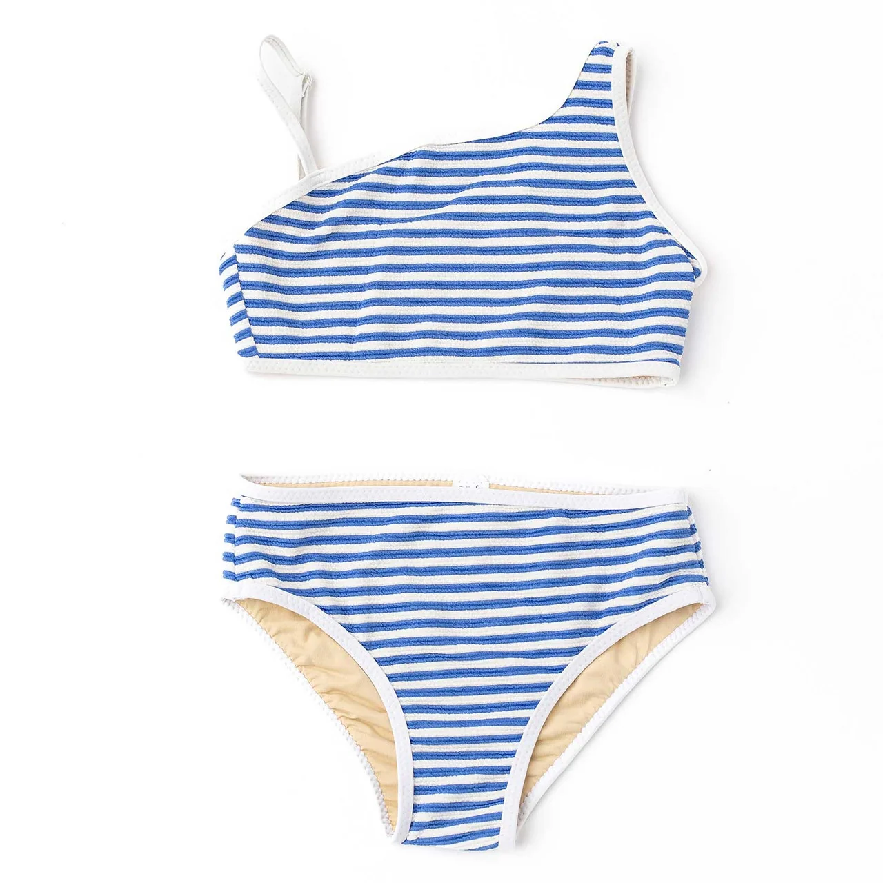 GIRLS BLUE STRIPE RIBBED ONE SHOULDER 2PC BATHING SUIT