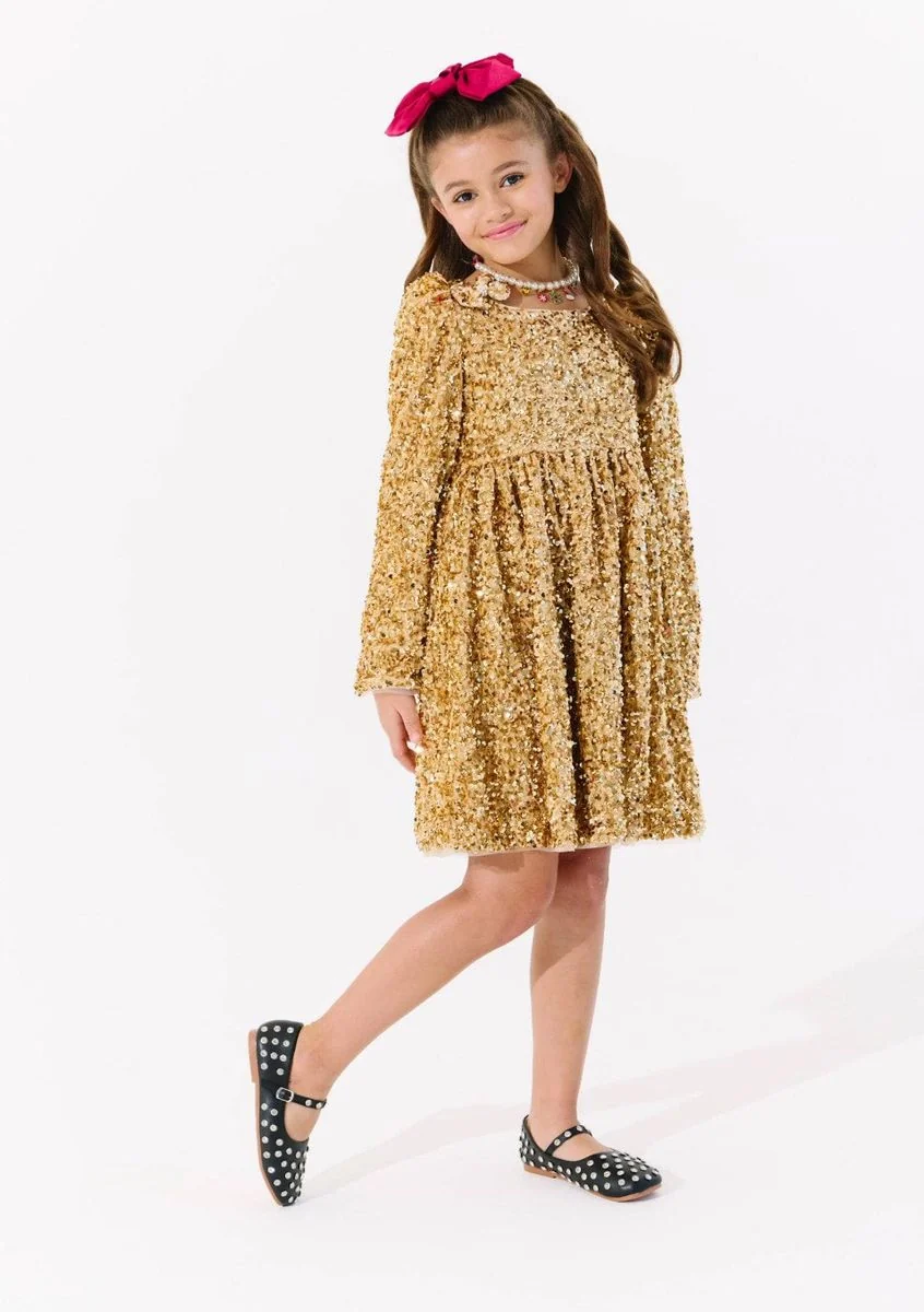 GIRLS GOLD SHIMMER DRESS - Image 3