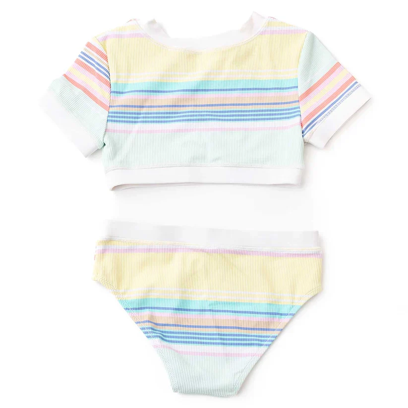 GIRLS SURFER STRIPE RIBBED CROPPED S/S 2 PC BATHING SUIT - Image 2